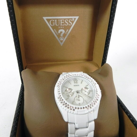 NWT Guess Ladies Mother-Of-Pearl Watch | White Ceramic with Crystals Wristwatch - Picture 7 of 10